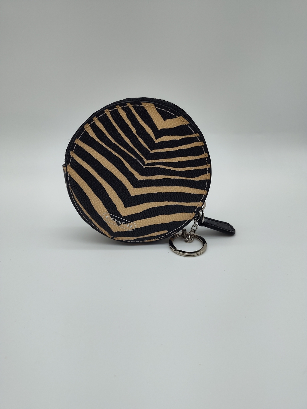 COACH Zebra Print Round Coin Purse Keychain Zip Case Black Tan NWOT